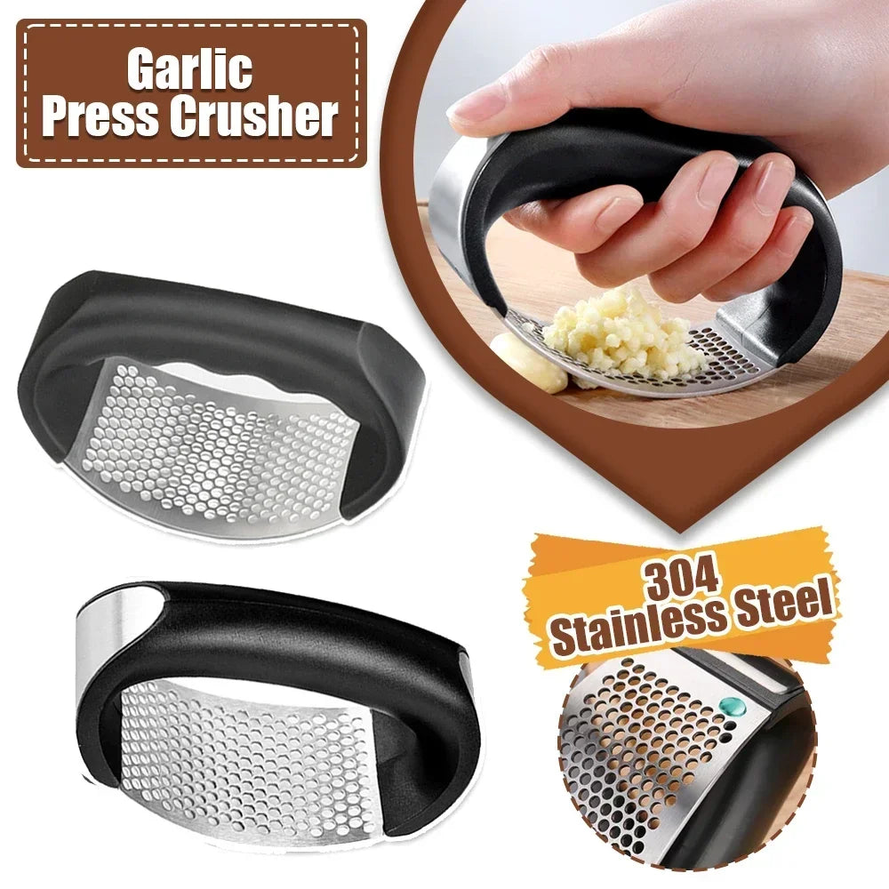Garlic press crushing garlic clove
