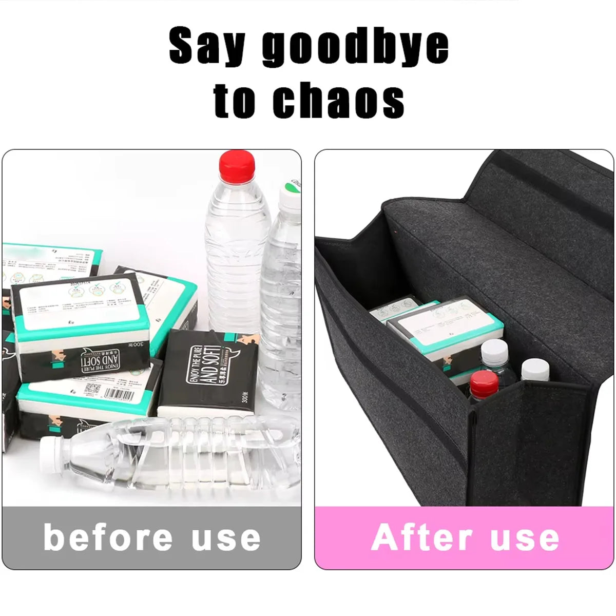 Felt storage box with items inside