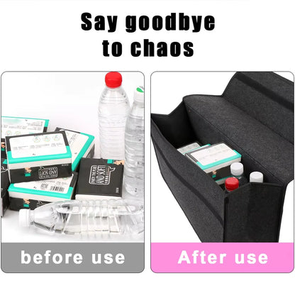 Felt storage box with items inside